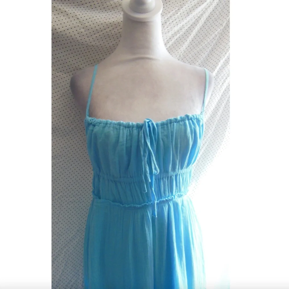 NEW FREE PEOPLE Turquoise AQUA Taking Sides TIERED Cotton OPEN BACK Maxi DRESS L - Picture 9 of 16